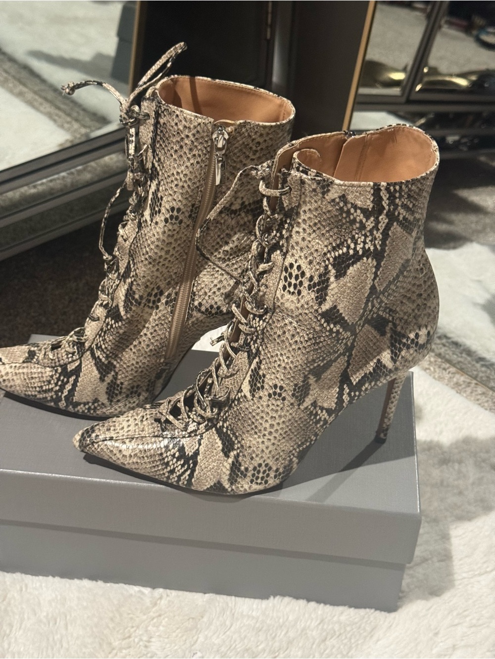 SCHUTZ Beige Snake-Print Lace-Up Stiletto Ankle Boots